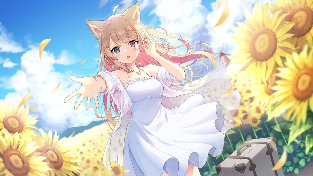 Обои для рабочего стола Inumaki Himari в белом платье, стоя возле цветущих подсолнухов вытянула руку вперед, виртуальный ютубер Wactor Production