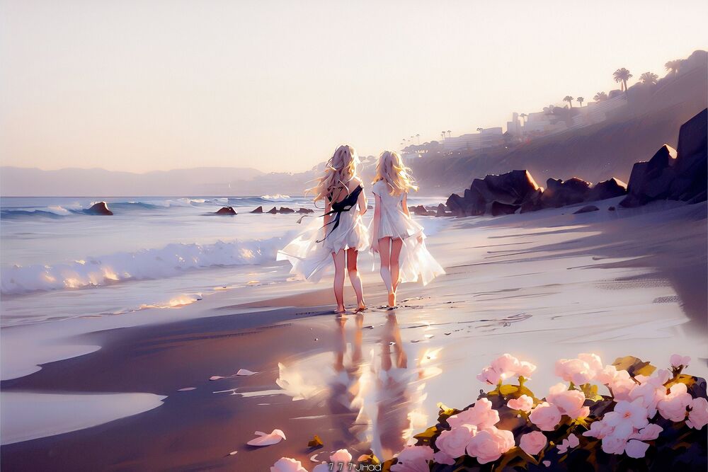 Обои для рабочего стола Две девушки в белых платьях идут по лазурному берегу моря на закате