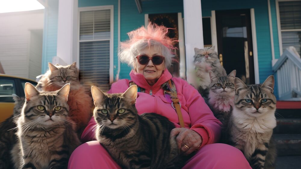 Обои для рабочего стола Пожилая женщина в окружении кошек сидит на крыльце дома
