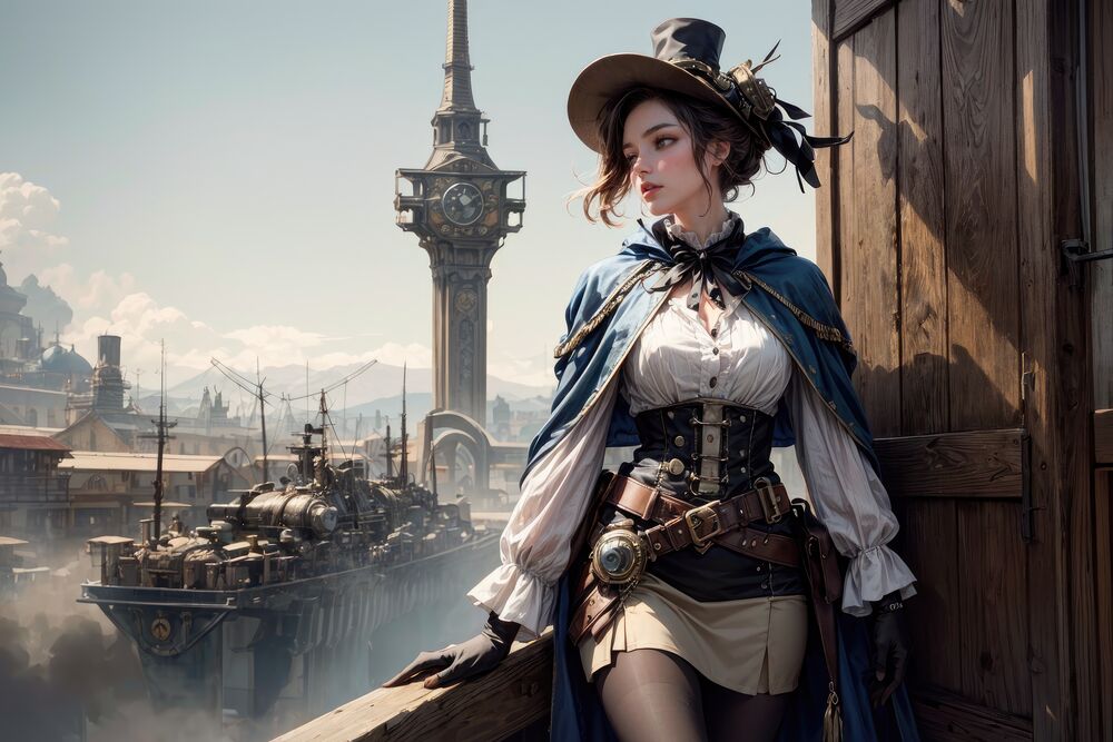 Обои для рабочего стола Девушка в костюме пирата стоит на балконе в фантастическом городе
