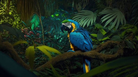 Обои на рабочий стол Попугай сидит на ветке дерева в джунглях