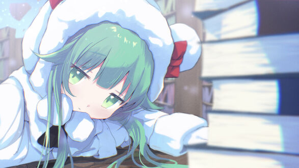 Обои на рабочий стол Momiji / Момиджи из игры Blue archive рядом со стопкой книг