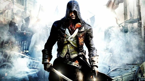 Обои на рабочий стол Мужчина с мечем на фоне развалин из игры Assassins creed Unity