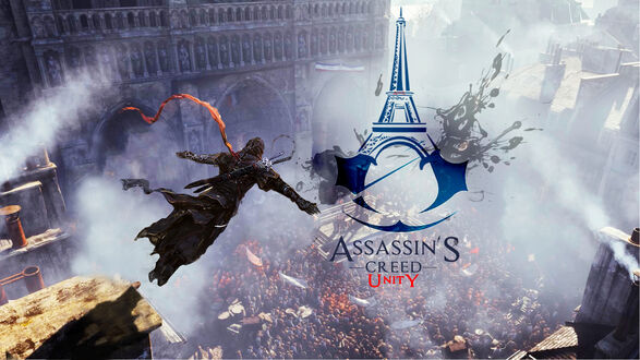 Обои на рабочий стол Мужчина прыгает на площадь в толпу людей из игры Assassins creed: Unity