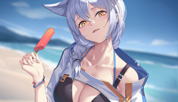 Обои на рабочий стол Provence / Прованс из игры Arknights с эскимо в руке на морском берегу