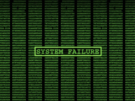 Обои на рабочий стол Зеленые цифры в столбиках по мотивам фильма The Matrix (system failure)