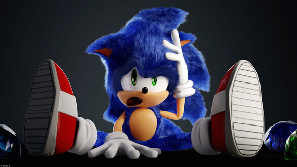 Обои на рабочий стол Ёжик Соник / Sonic чешет лоб в недоумении на темном фоне