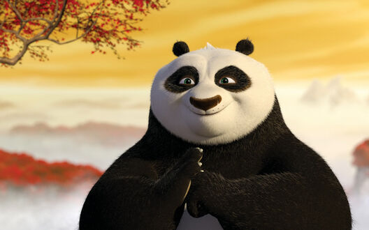 Обои на рабочий стол Панда из мультика Кунг-фу Панда / Kung Fu Panda на фоне желтого неба
