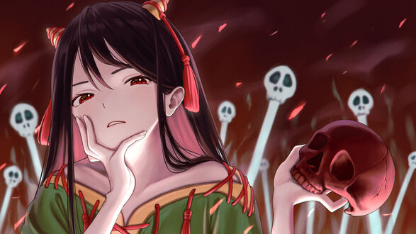 Обои на рабочий стол Занму Ниппаку / Zanmu Nippaku из игры Проект Восток / Touhou Project держит в руке череп