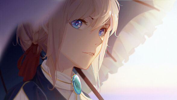 Обои на рабочий стол Вайолет Эвергарден / Violet Evergarden из одноименного аниме под зонтом