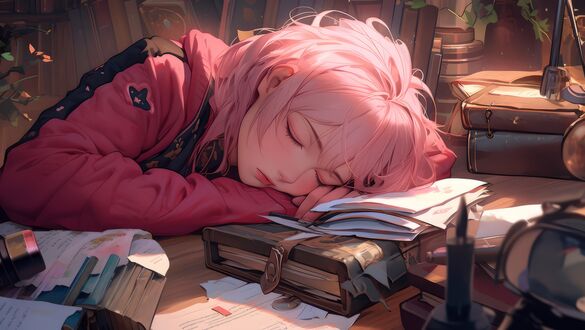 Обои на рабочий стол Девушка с розовыми волосами спит положив голову на книгу