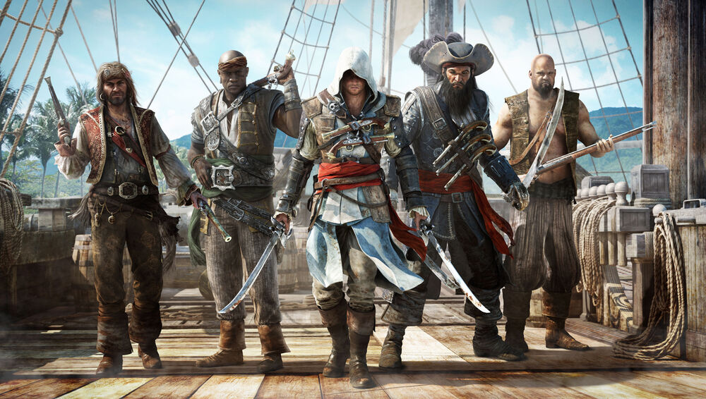 Обои для рабочего стола Вооруженные мужчины на палубе корабля из игры Assassins Creed IV Black Flag