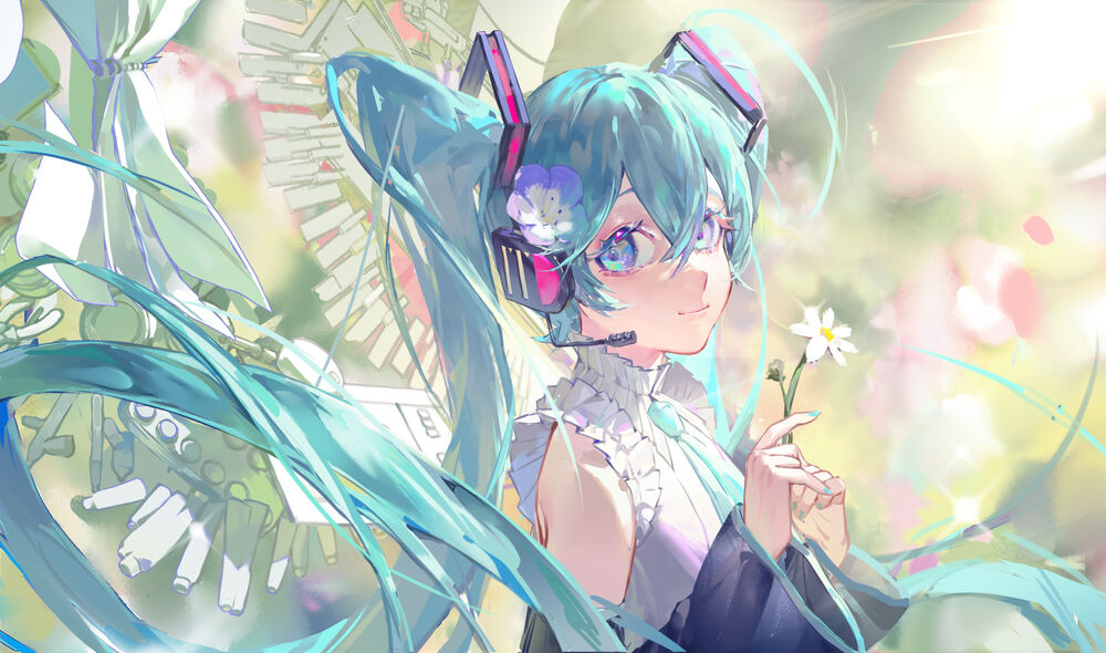 Обои для рабочего стола Vocaloid Hatsune Miku / Вокалоид Хатсунэ Мику с цветком в руке