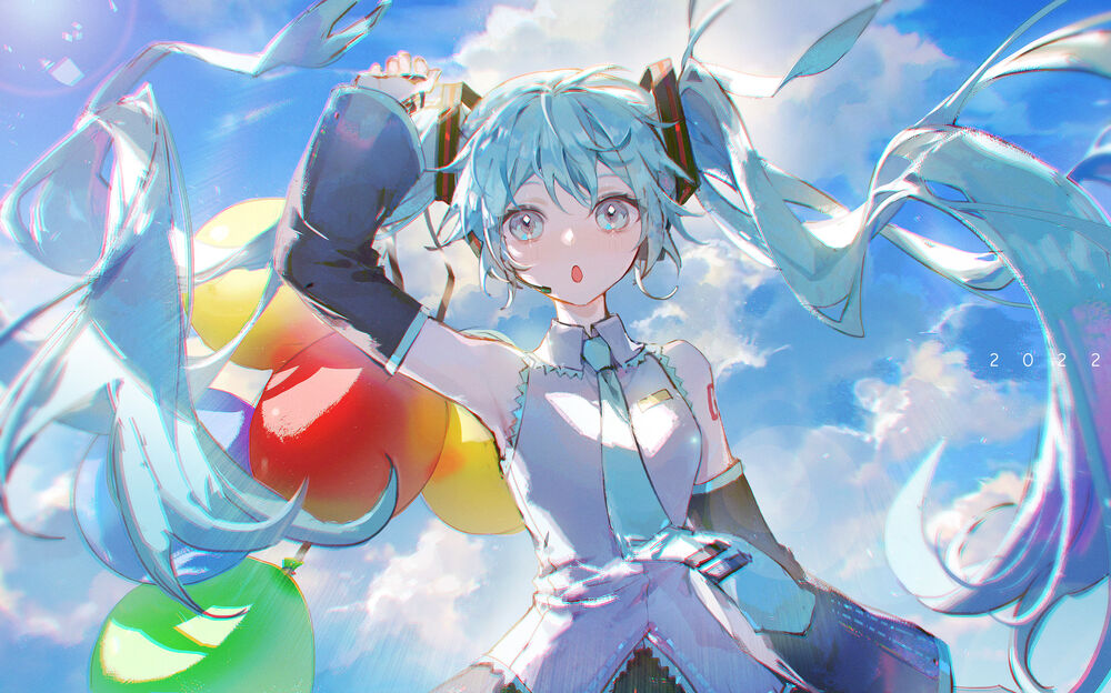Обои для рабочего стола Vocaloid Hatsune Miku / Вокалоид Хатсунэ Мику с воздушными шариками на фоне неба