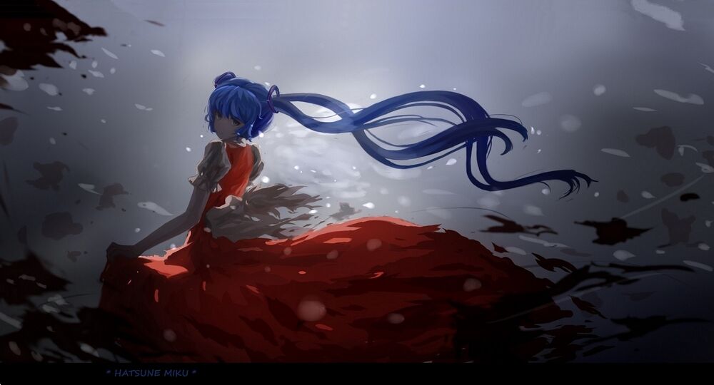 Обои для рабочего стола Vocaloid hatsune miku / вокалоид хатсуне мику в красном платье на сером фоне