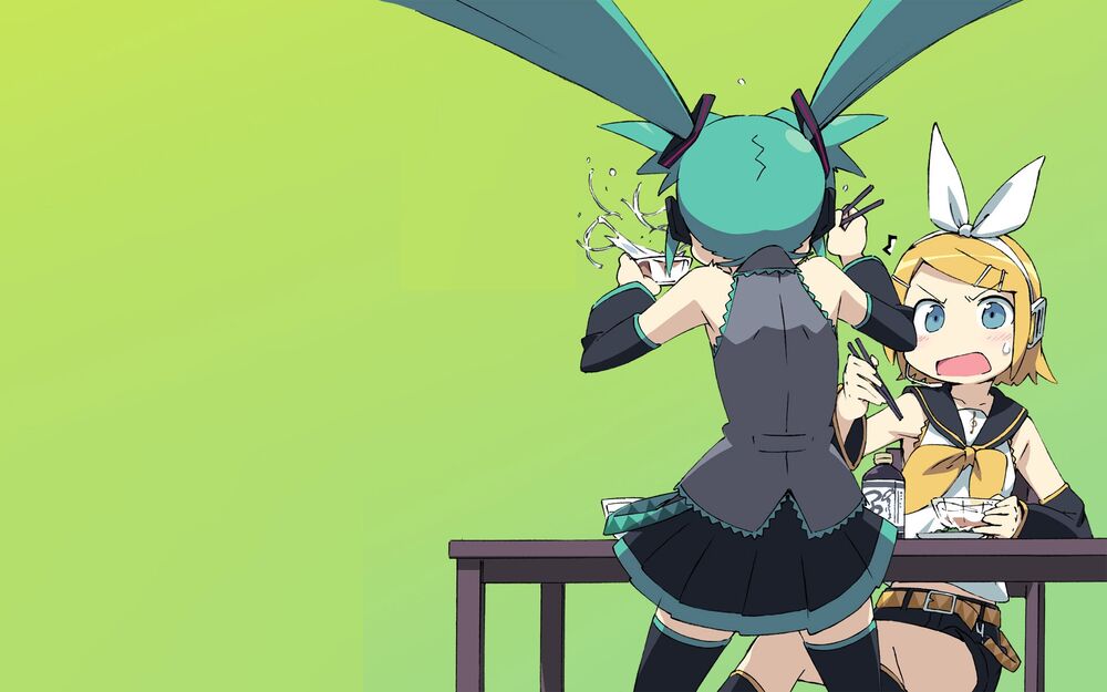 Обои для рабочего стола Vocaloid Miku Hatsune / Вокалоид Мику и Kagamine rin / Кагамине рин в комичной ситуации