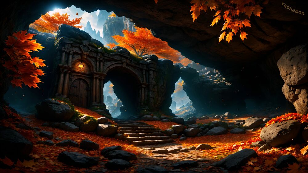 Обои для рабочего стола Ступени в осенних листьях ведущие сквозь туннель к вратам разрушенного храма