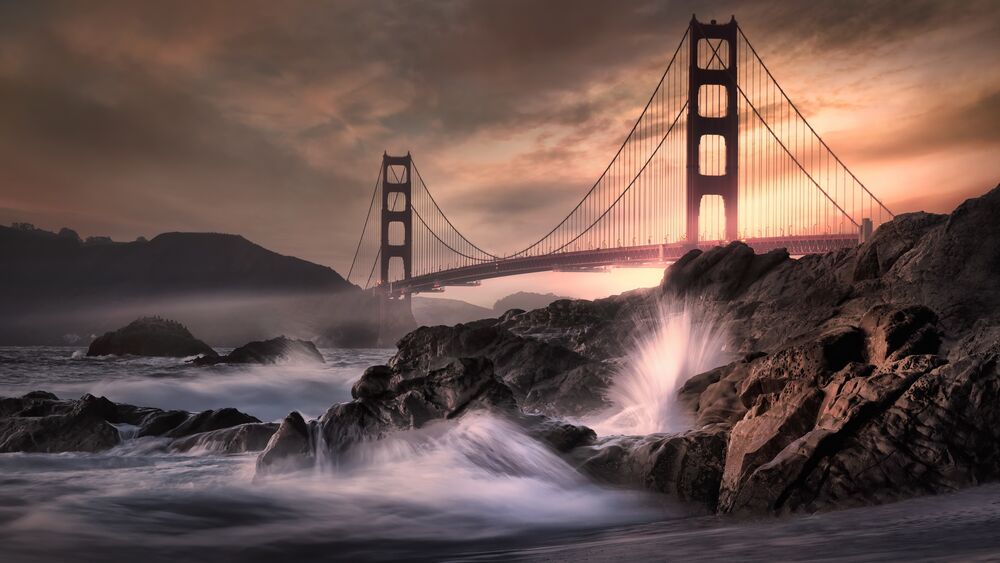 Обои для рабочего стола Вид на мост Золотые ворота / Golden Gate в Сан-Франциско / San-Francisco, USA / США на закате