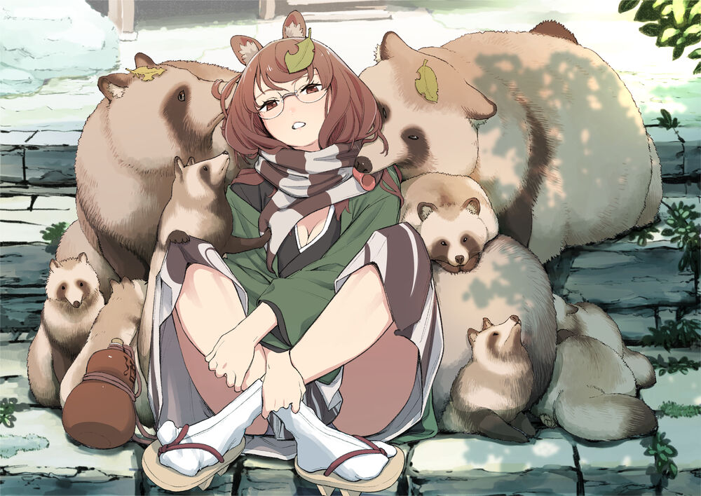 Обои для рабочего стола Мамидзо Футацуива / Futatsuiwa Mamizou из игры Проект Восток / Touhou Project и несколько тануки на каменных ступеньках