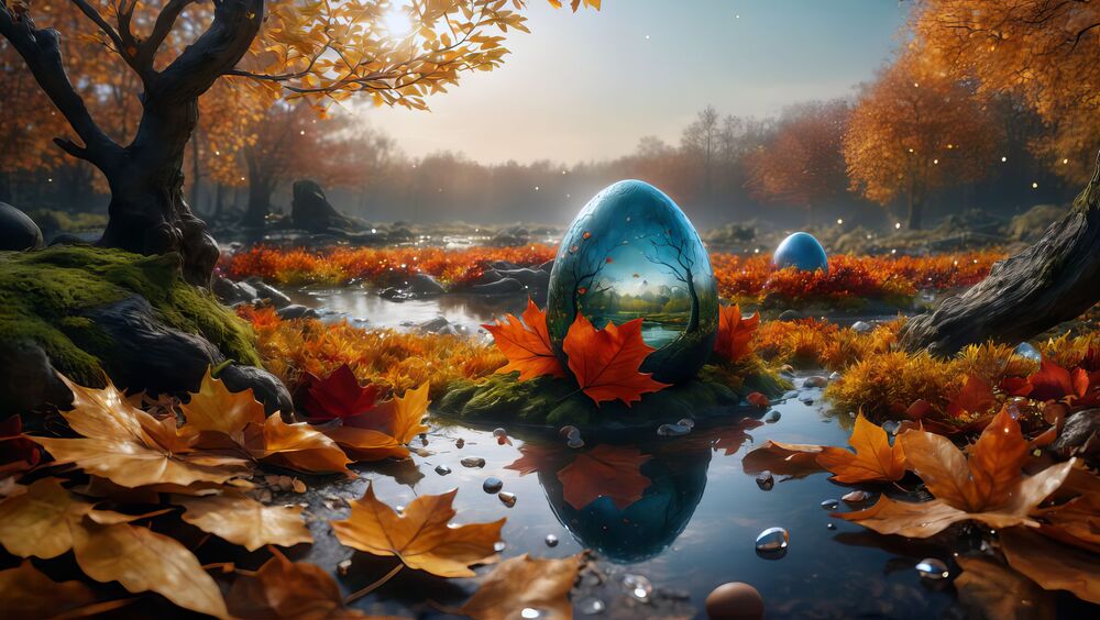 Обои для рабочего стола Хрустальное яйцо лежит в луже осеннего леса в окружении опавших листьев