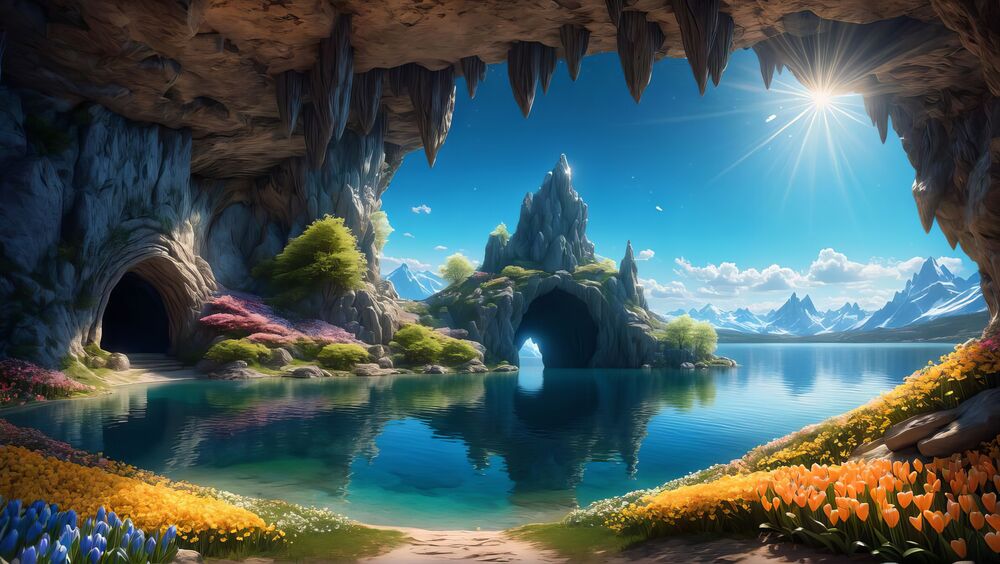 Обои для рабочего стола Красивый злив моря освещенный солнцем с пещерами и цветами по берегу