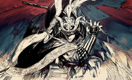 Обои на рабочий стол Genichiro Ashina / Геничиро Асина из игры Sekiro: Shadows Die Twice протягивает руку к мечу за спиной