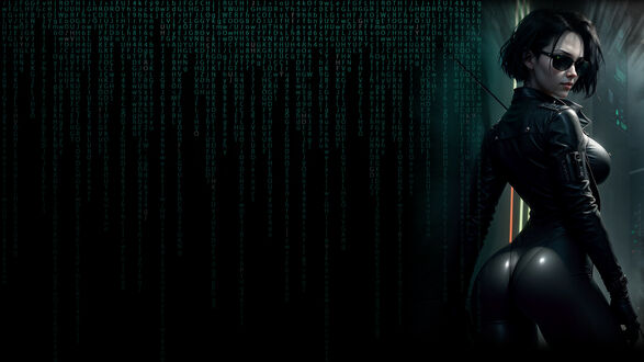 Обои на рабочий стол Девушка в костюме Тринити из фильма Matrix / Матрица