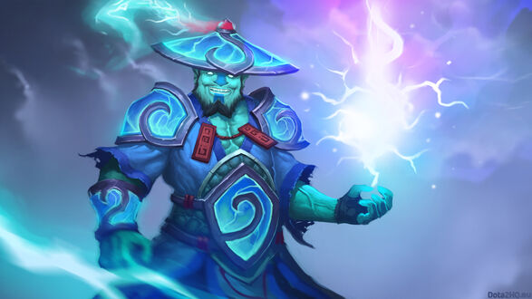 Обои на рабочий стол Storm spirit / Шторм спирит, с молнией в руке на фоне грозовых туч улыбается, из игры Дота 2 / Dota 2