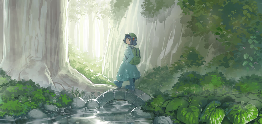 Обои для рабочего стола Kawashiro Nitori / Каваширо Нитори из игры Проект Восток / Touhou Project идет по каменному мостику через речку в лесу