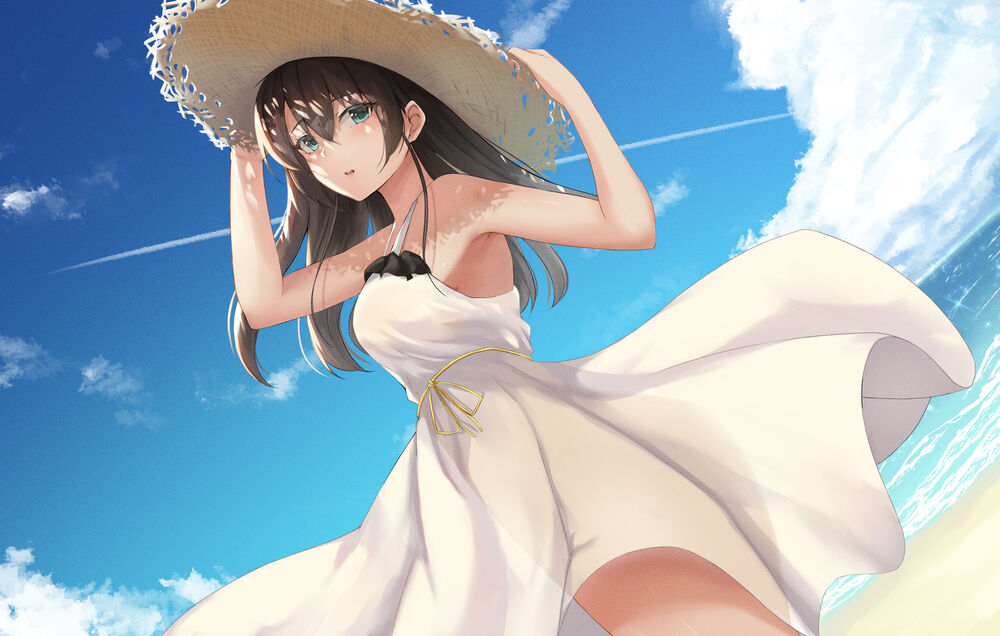 Обои для рабочего стола Natsuiro Matsuri / Нацуиро Мацури, виртуальный ютубер Hololive в белом платье и шляпе на пляже