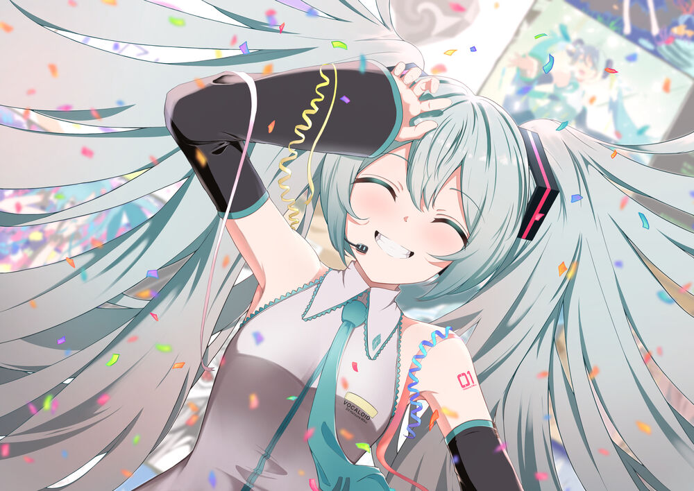 Обои для рабочего стола Счастливая Vocaloid Hatsune Miku / Вокалоид Хатсунэ Мику под дождем из конфетти