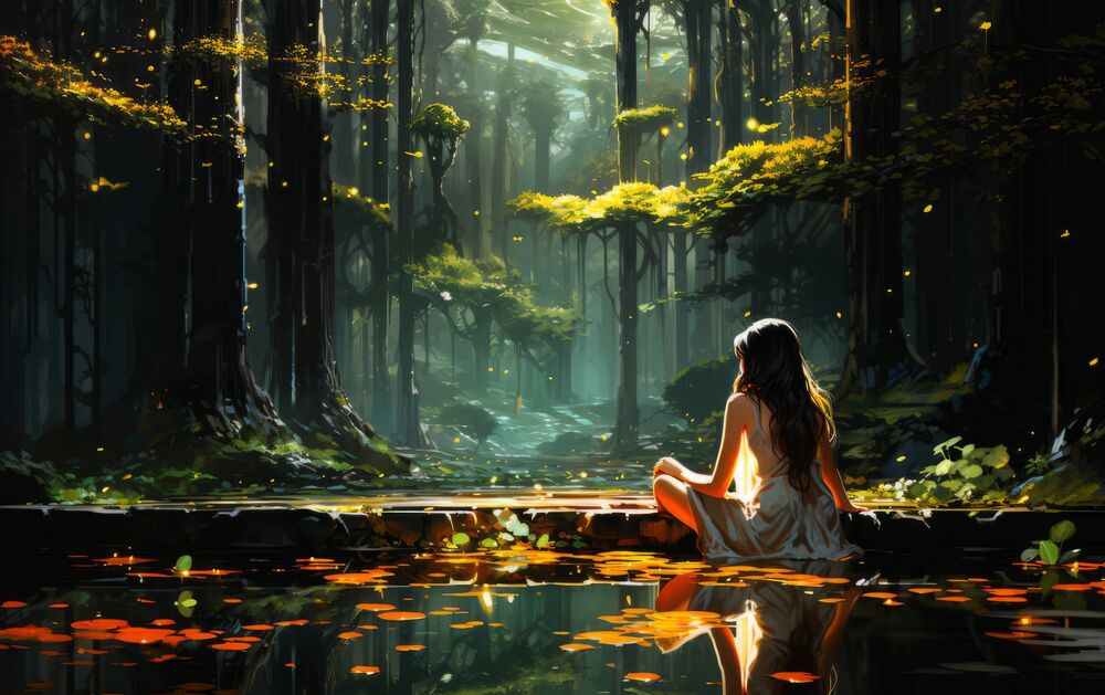 Обои для рабочего стола Девушка сидит на берегу пруда в лесу