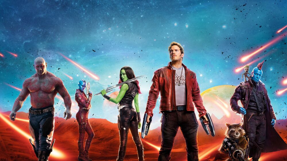 Обои для рабочего стола Герои кинофильма Guardians of The Galaxy / Стражи галактики на красной планете среди падающих метеоритов