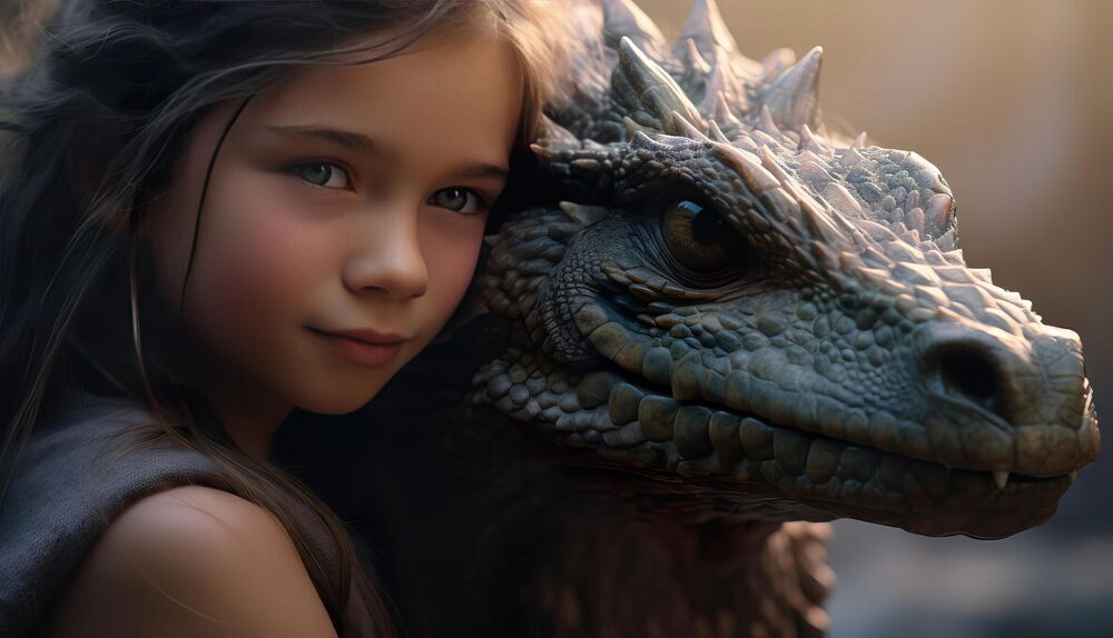 Обои для рабочего стола Девочка обнимает голову дракона