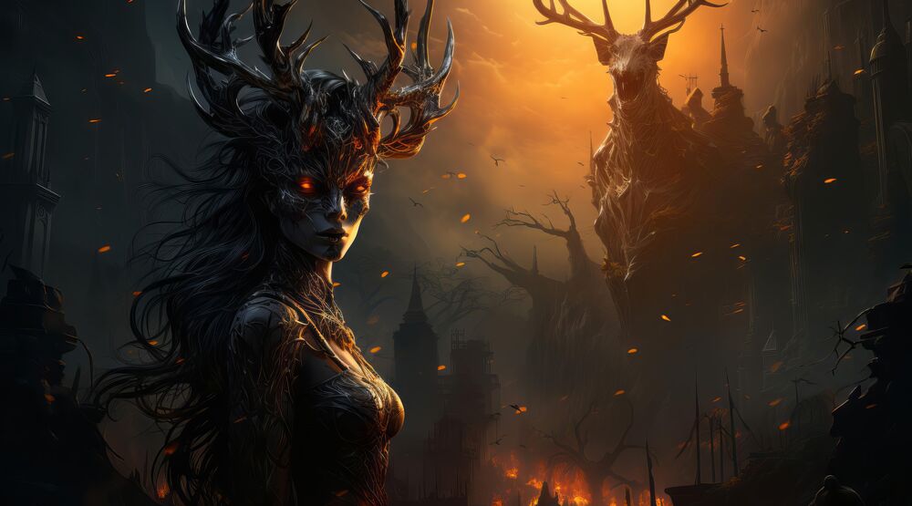 Обои для рабочего стола Девушка демон с рогами на голове стоит на фоне пожара
