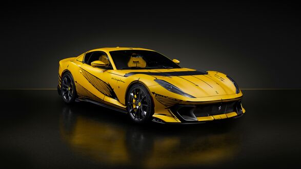Обои на рабочий стол Желтый Ferrari 812 Competizione Tailor Made Inspired by Blanc Sheet на темном фоне