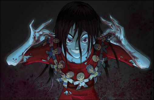 Обои на рабочий стол Сачико Шинозаки / Sachiko Shinozaki из аниме и манги Вечеринка мертвецов / Corpse Party окровавленными руками держит вырезанных из бумаги детей