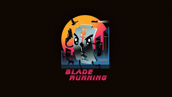Обои на рабочий стол Эмблема Blade Running в виде бритвы с пистолетом на фоне заката с силуэтами городских домов