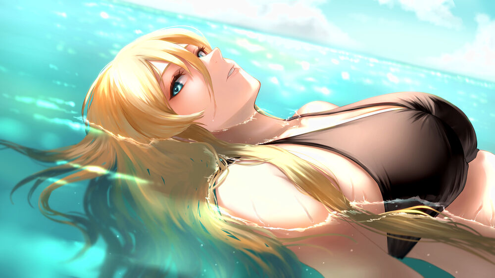 Обои для рабочего стола Bismarck / Бисмарк из игры Azur Lane плавает на спине в воде