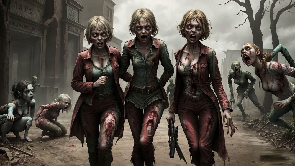 Обои для рабочего стола Три девушки зомби в разорванной одежде с пятнами крови идут по улице старого города