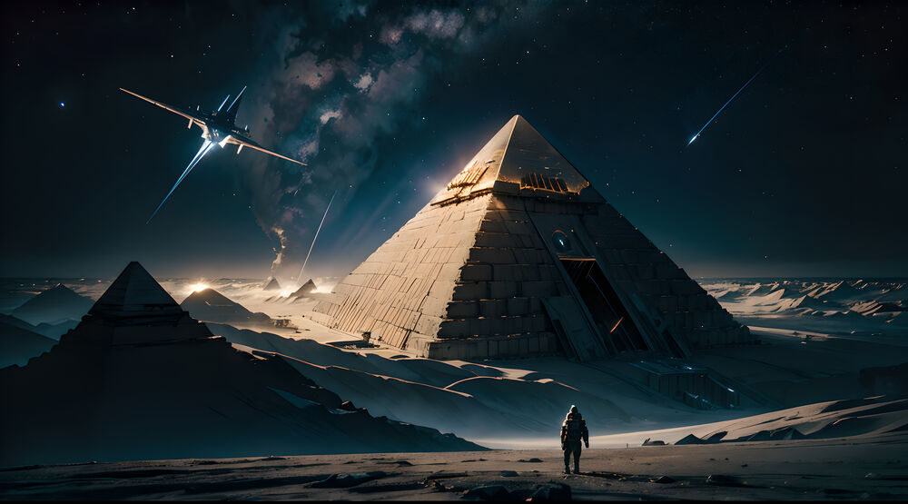 Обои для рабочего стола Человек в скафандре стоит ночью перед фантастической пирамидой под темным звездным небом