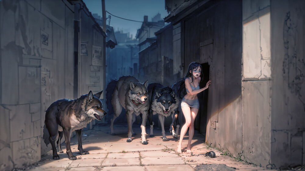 Обои для рабочего стола Одинокая девочка бредет держась за стену по переулку в окружении огромных волков