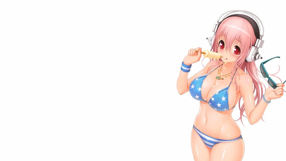 Обои для рабочего стола Super Sonico / Супер Сонико в наушниках ест мороженое и держит очки на левой руке