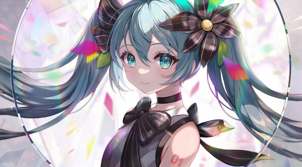 Обои на рабочий стол Vocaloid Hatsune Miku / Хатсунэ Мику с черным бантом и черными цветами в волосах в пол оборота