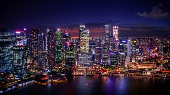 Обои на рабочий стол Ночной Сингапур / Singapore с высоты птичьего полета ночью