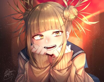 Обои на рабочий стол Химико Тога / Himiko Toga из аниме Моя геройская академия / Boku no Hero Academia положила голову на руки