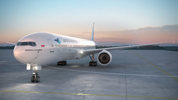 Обои на рабочий стол Индонезийский Boeing 777-300ER стоит на площадке