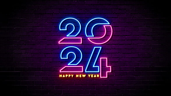 Обои на рабочий стол Неоновая надпись на кирпичной стену 2024, Happy New Year