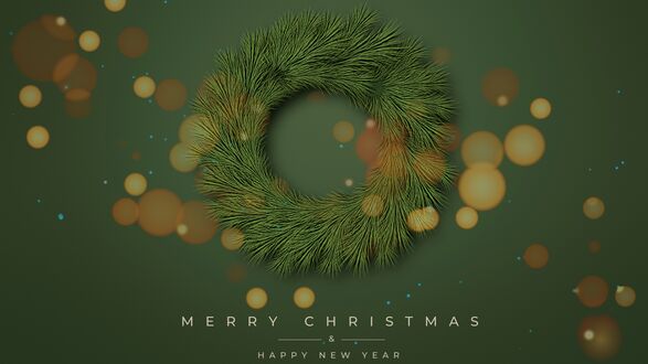 Обои на рабочий стол Надпись - Merry christmas happy new year под хвойным венком на зеленом фоне