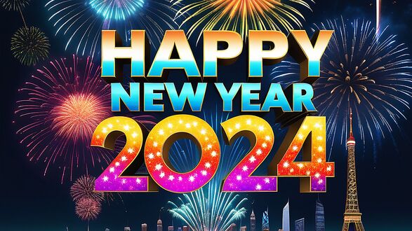 Обои на рабочий стол Фейерверк над мировыми достопримечательностями (Happy new year 2024)